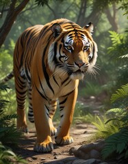 Obraz premium The tiger moves silently through the underbrush with precision, stealthy, dense jungle