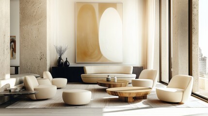 Fototapeta premium Minimalist interior design of modern living room with abstract art, beige sofa and armchairs, decorative vases on black cabinet. Wall with abstract art. 