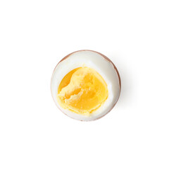 Delicious soft boiled egg isolated on white, top view