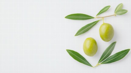 Green Olives and Leaves: Fresh, vibrant green olives and their leaves arranged artistically on a minimalist background. Perfect for culinary, health, or Mediterranean themes. 