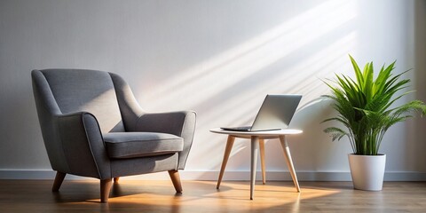Silhouette Photography: Minimalist Home Office, Grey Armchair, Desk, Laptop, Plant