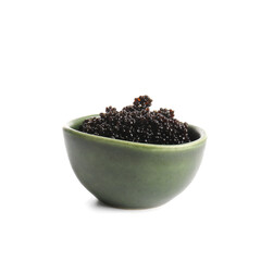 Bowl with delicious black caviar on white background