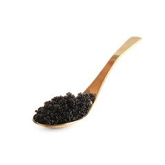 Spoon with delicious black caviar on white background