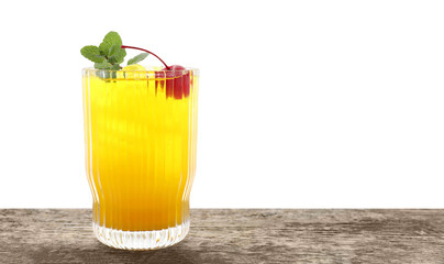 Tasty pineapple cocktail with mint and cherry in glass on wooden table against white background, space for text