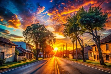 Fototapeta premium Silhouette Photography: Old Town Road Sunset, Rural Landscape, Country Road, Dusk, Shadows, Silhouette, Travel Photography, Vintage, Retro, Americana