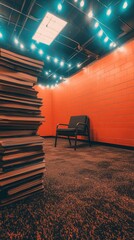 A cozy reading nook with stacked books and a chair under warm lights.