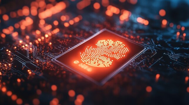 A sleek biometric microchip glowing softly, surrounded by digital waveforms and fingerprint designs to symbolize secure identity recognition