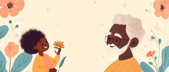 Obraz premium cute illustration for grandparents day; african american grandpa & granddaugher having fun together; simple heart warming scene; copy space