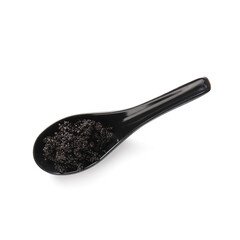 Spoon with delicious black caviar on white background