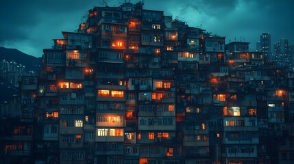 Densely Packed City Skyline Glowing in the Twilight Capturing Urban Complexity and Overpopulation