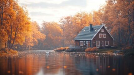 Fototapeta premium Autumn cabin by a lake, fall colors, tranquil scene.