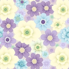Pastel Flower Power: A whimsical pattern featuring pastel-hued flowers in various sizes and shades of purple, blue, and yellow, creating a delicate and playful design. Perfect for spring, summer.