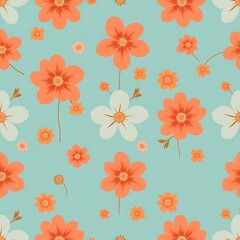 Floral Delight: A vibrant and cheerful seamless pattern featuring delicate peach and white flowers with stems on a calming light blue background.  This design evokes a sense of serenity and happiness.