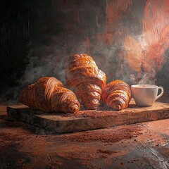 A cozy scene featuring croissants and a cup of coffee on a textured surface.