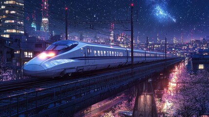 A sleek high-speed train racing along elevated tracks under a starry night sky, with city lights reflecting off its metallic surface