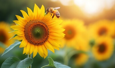 Closeup of honeybee on yellow sunflower, pollination in bright sunny garden, macro shot, Generative AI
