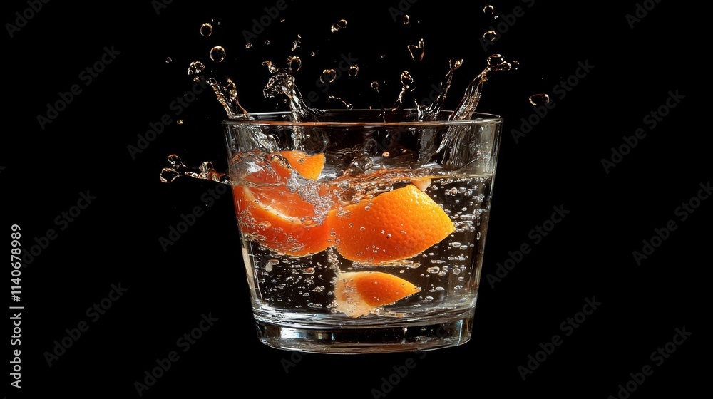 Poster Refreshing Citrus Splash in Clear Glass with Bubbles and Splashing Water