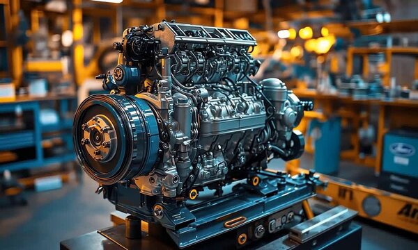 Detailed view of an automotive engine in workshop