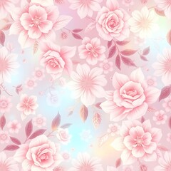 Dreamy Floral Pattern: A delicate and whimsical seamless pattern featuring blush pink roses, dainty blossoms, and a soft, iridescent background.