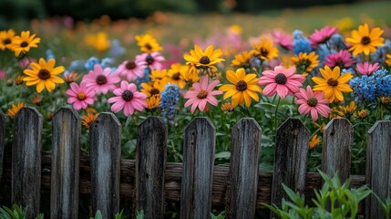 A vibrant flower garden with colorful blooms and a rustic wooden fence.