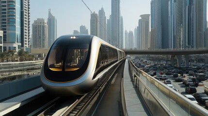 Naklejka premium A sleek high-speed train traveling on tracks through an urban area, with modern buildings and bustling streets in the background