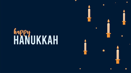 Happy Hanukkah Jewish Holiday Social Media Post Template.Hanukkah on blue horizontal background with holiday candles and stars.Design for Jewish Festival of light. Place for your text.