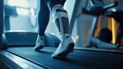 Inspiring individual with prosthetic leg running on treadmill gym environment motivational fitness journey