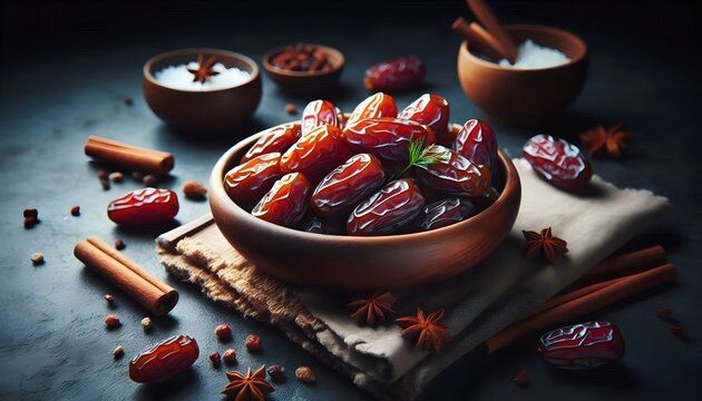 date dried dates hurma khorma fruit Iranian Arabic, on a horizontal dark background
