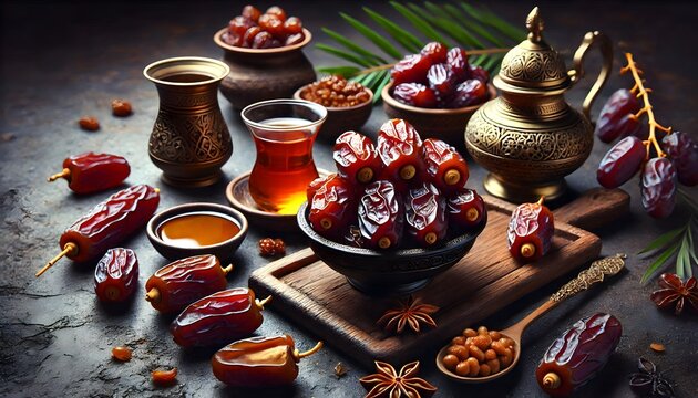 date dried dates hurma khorma fruit Iranian Arabic and glass of tea, on a horizontal dark background