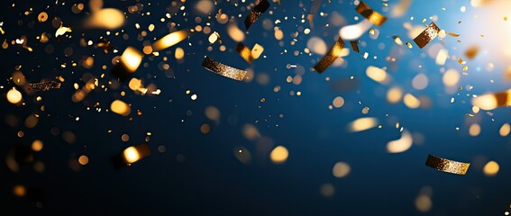 Abstract background with golden glitter lights and bokeh on a dark blue background, with confetti and falling particles