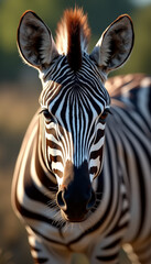 Naklejka premium Close-up portrait of a zebra with distinctive black and white stripes and prominent ears against a blurred background