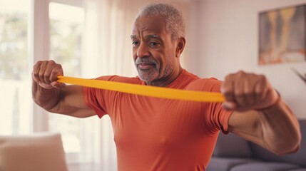 Home fitness routine senior man using resistance bands for strength training living room health and wellness indoor motivational
