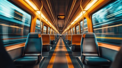 A spacious and modern high-speed train interior with ergonomic seats, large windows, and soft ambient lighting