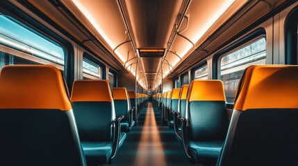 Fototapeta premium A spacious and modern high-speed train interior with ergonomic seats, large windows, and soft ambient lighting