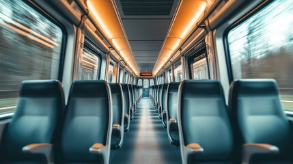 Fototapeta premium A spacious and modern high-speed train interior with ergonomic seats, large windows, and soft ambient lighting