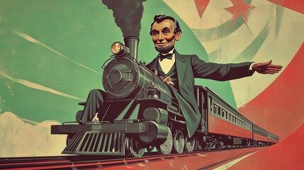 cartoon-style artwork of lincoln riding a train: a vibrant poster symbolizing progress and unity for your sports interior d&eacute;cor