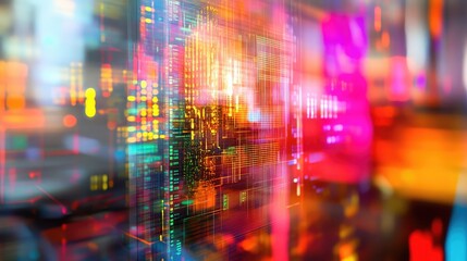 Fototapeta premium A vibrant depiction of a microchip on transparent glass, with colorful holographic projections of data streams in the background