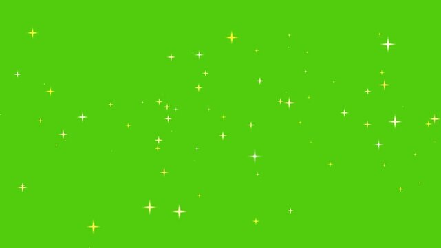 Twinkling stars shape animation, whiteand yellow color, cartoon, flat, vector, doodles style stars blinking, sparkel glitter on green screen, night sky.