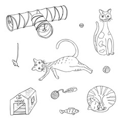 Cat's equipment set. Doodle collection. Cats in different positions, toys, scratching ball, teaser stick, cat house, play tunnel, mouse, fish. Coloring pages, pet shop design, print, stickers etc.