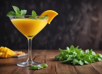 Fototapeta premium Yellow mango cocktail in a chilled martini glass with a sprig of mint , martini, cocktail
