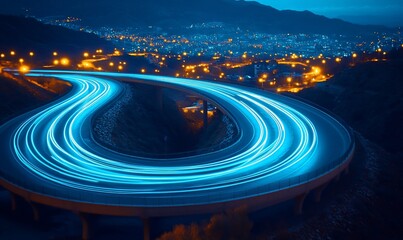 Night highway, winding road, light trails, city lights, mountain landscape.