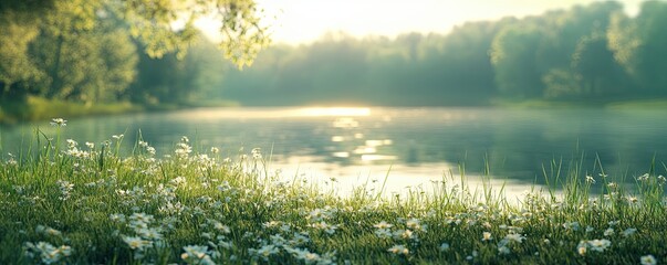A tranquil nature landscape with beautiful scenery. A sunrise over the calm water of a river or lake,  green meadow with wild flowers. Wallpaper, background, banner, poster.