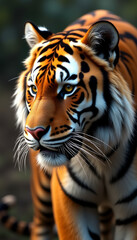 Close-up portrait of a vibrant tiger with striking orange and black stripes in a lush green environment