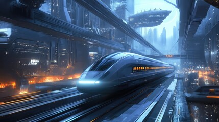 Fototapeta premium An advanced high-speed train on sleek tracks in a futuristic rail station, surrounded by glowing lights and modern architecture