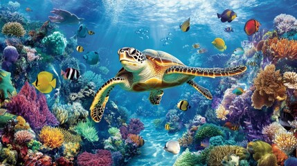 Fototapeta premium Vibrant Coral Reef Ecosystem with Sea Turtle Swimming Gracefully