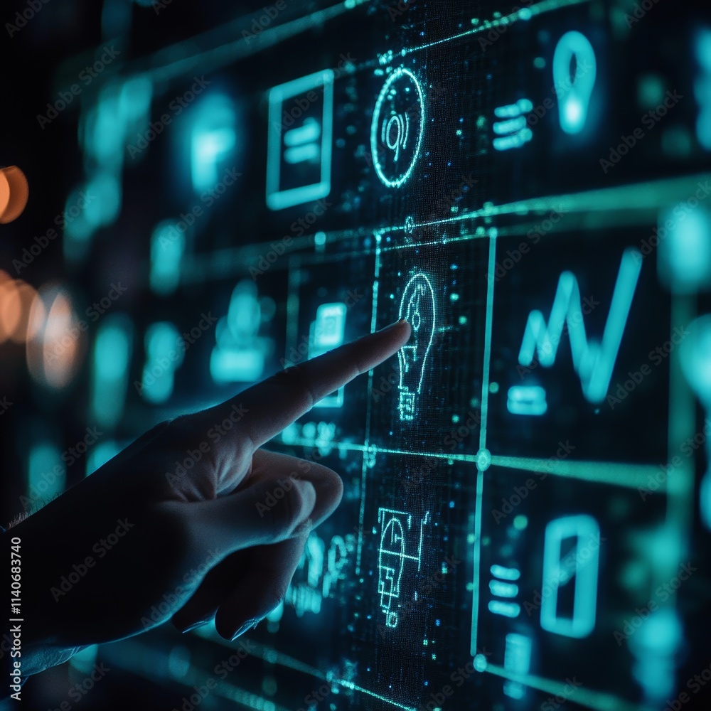 Poster exploring technological interfaces in a dimly lit environment with a focus on data visualization and