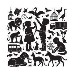 Children Playing with Animals Silhouette Vector Illustration, Solid White Background.