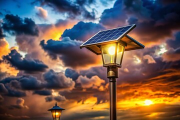 Solar Powered Street Light, Bokeh Cloudscape, Night Scene, Energy Efficiency, Renewable Energy, Sustainable Lighting