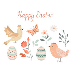 Happy Easter greeting card with easter eggs, cute birds, flowers and butterfly. Vector illustration and lettering in hand drawn flat style, pastel colors.