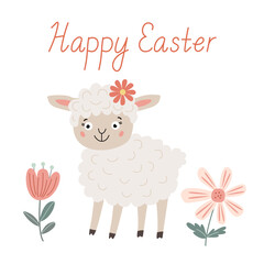 Happy Easter greeting card with a cute little sheep and pink flowers. Vector illustration and lettering in hand drawn flat style, pastel colors.